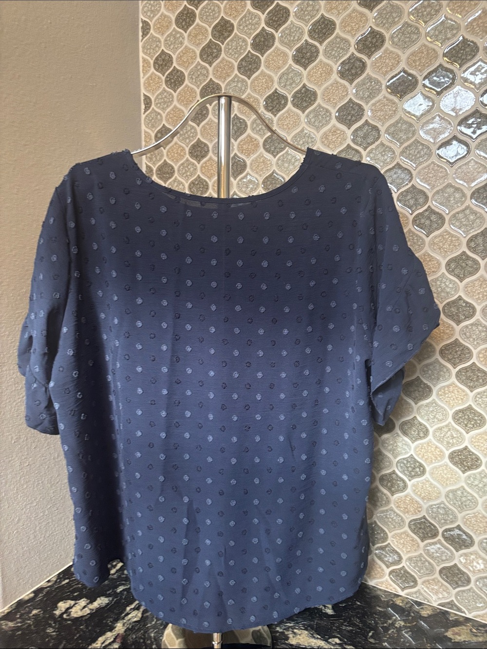 Navy Dot-Texture Short Sleeve Women's Top